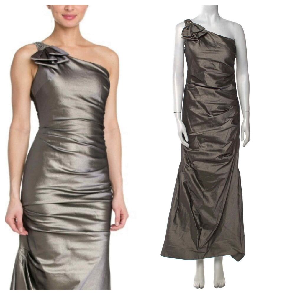 Teri Jon Metallic Gold One Shoulder Embellished Trumpet Formal Gown 8